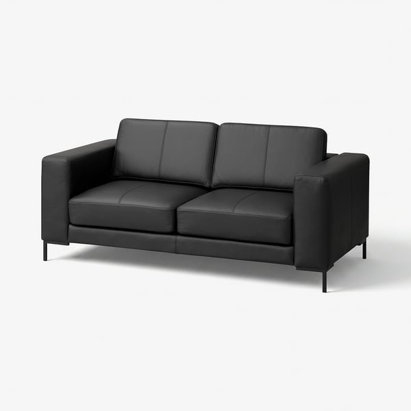 FULLERÖ black leather sofa, modern design with metal legs, two-seat.