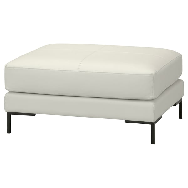 Modern white leather ottoman, square shape, black metal legs, minimalist design.