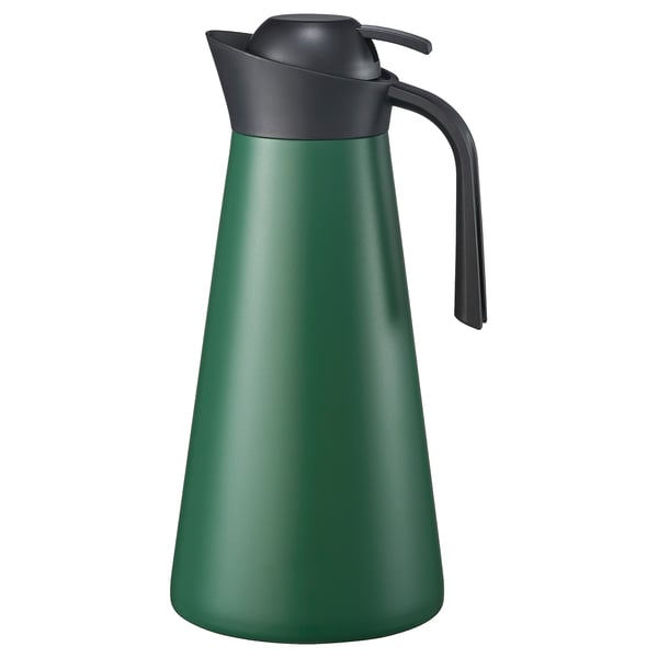 Green GOKVÄLLÅ thermal carafe with black handle & lid, sleek design.