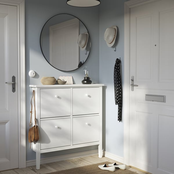 White shoe cabinet, 4 compartments, hooks & mirror.