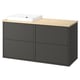 Modern bathroom vanity, dark grey, wood top, rectangular sink, simple design.