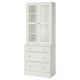 White HAVSTA set: glass cabinet, pine chest with metal handles.