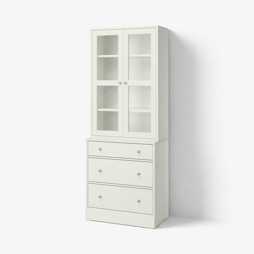 White HAVSTA set: glass-door cabinet, wooden chest with silver handles.