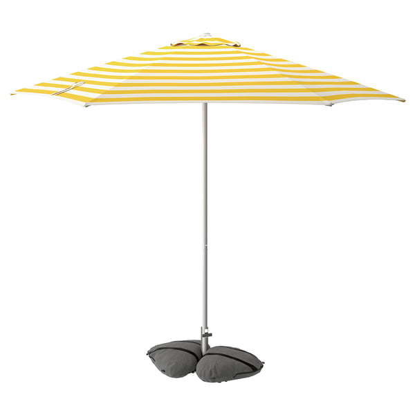 HÖGÖN / IGGÖN Parasol with base, off-white bright yellow/striped dark grey, 270 cm