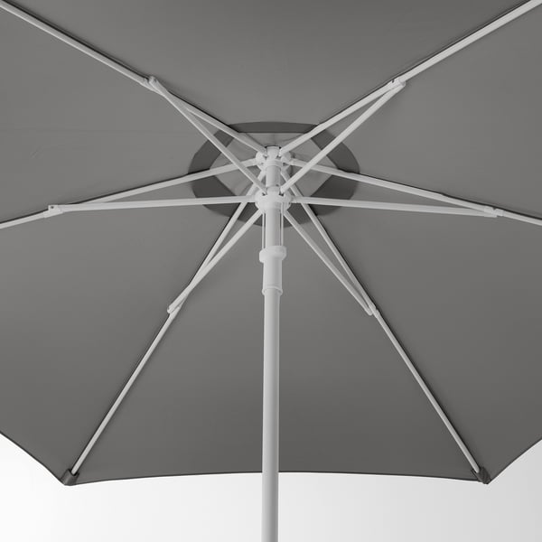 Grey parasol with white ribs, open, durable.
