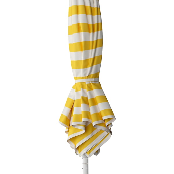 Yellow and white striped parasol, folded and ready for use. Provides uv protection and easy to open/close.