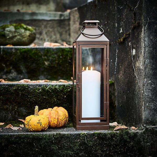 HÖSTAGILLE Lantern for pillar candle, in/out, copper-colour, 43 cm