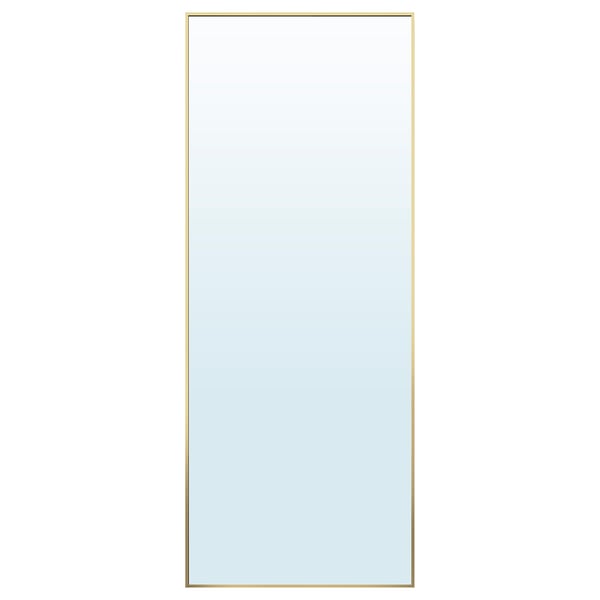 Golden-framed rectangular mirror, hangs vertically or horizontally.