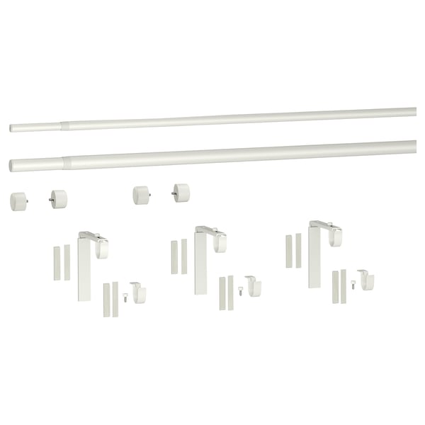Extendable IKEA HUGAD curtain rod set with white components and metallic parts.