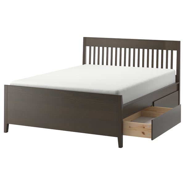 IDANÄS bed, dark brown, wooden, slatted headboard, 4 soft-close drawers.