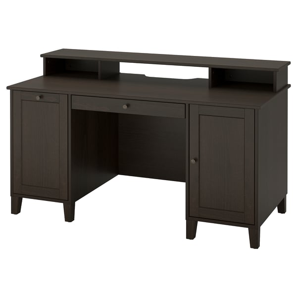 Black IDANÄS desk, wood, rectangular, storage, drawers, shelves.
