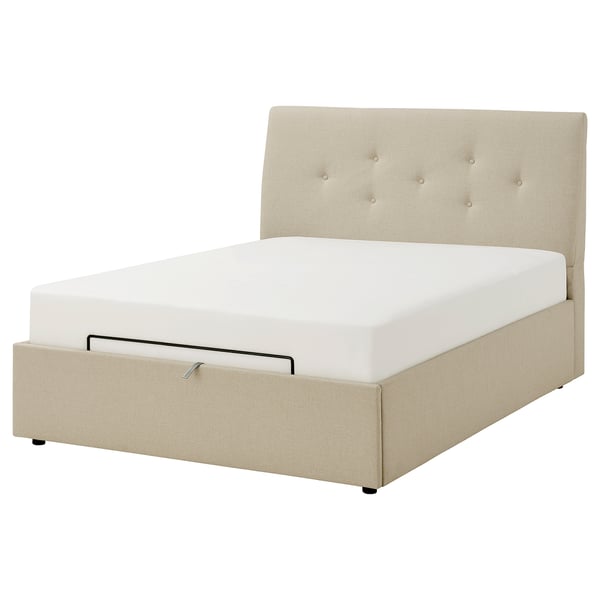 IDANÄS beige upholstered bed with tufted headboard and storage.