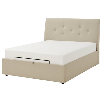 IDANÄS beige upholstered bed with tufted headboard and storage.