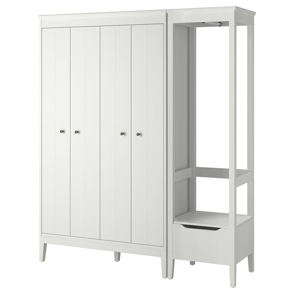 A white IDANÄS wardrobe set with folding doors, adjustable shelves, and a combination of closed and open storage.