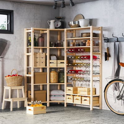 IVAR 3 sections/corner, with bottle racks/pine, 103/144x30x179 cm