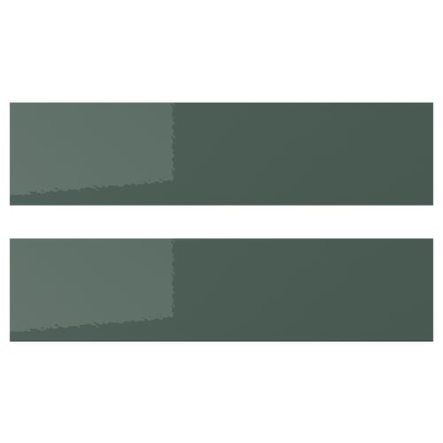 Two rectangular KALLARP drawer fronts, high-gloss grey-green, modern design, straight lines, covered with recycled plastic foil.