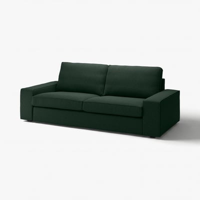 Dark green KIVIK sofa, modern design with low armrests, made from cotton and polyester fabric, comfortable and inviting.