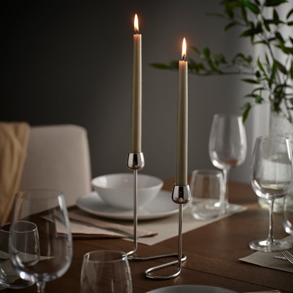 KLOKHET Unscented taper candle, grey-beige, 25 cm 6 hr