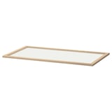 An ikea KOMPLEMENT light glass shelf in clear. It has a light wooden frame and a transparent glass surface.