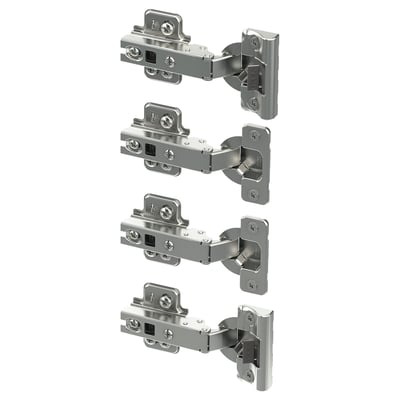 Four KOMPLEMENT metal hinges with nickel-plated steel in a vertical layout, featuring integrated dampers for slow closure.