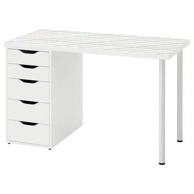 A white LAGKAPTEN desk with five drawers. It a colourful grid pattern and sleek, functional design, perfect for a modern workspace.