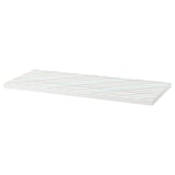 LAGKAPTEN white table top with scandinavian charm, flat rectangular shape, pre-drilled holes, board-on-frame material, colourful grid pattern.