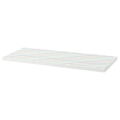 LAGKAPTEN white table top with scandinavian charm, flat rectangular shape, pre-drilled holes, board-on-frame material, colourful grid pattern.