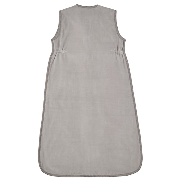 Light grey baby sleep bag, soft velour exterior, sleeveless, zippered front, made of cotton.