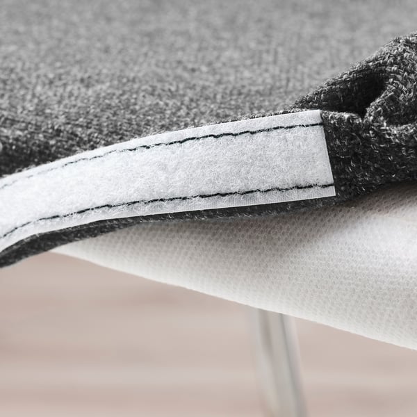 Close-up of grey LILLÅNÄS bar stools seat edge with stitching, soft padding, and footrest.