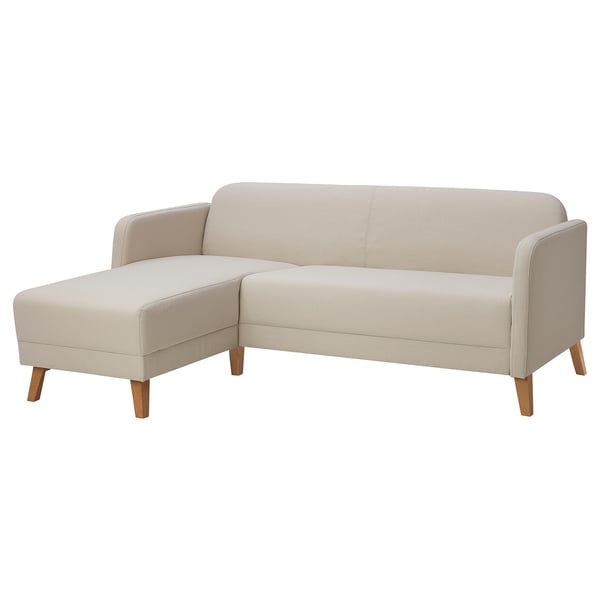 LINANÄS light beige fabric sofa with chaise, modern minimalist design, durable polyester cover, soft rounded edges.