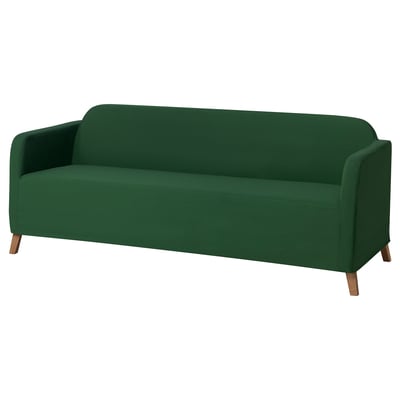 Green fabric sofa with wooden legs, simple design and clean lines.