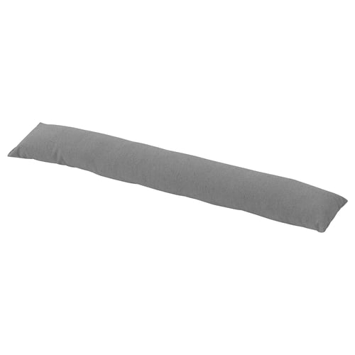 Long grey recycled fabric cushion, tapered ends, textured design.