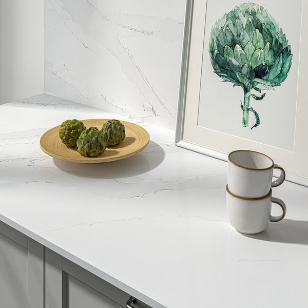 LOCKEBO Custom made worktop, white/grey-beige marble effect/glass composite, 1 m²x2.0 cm