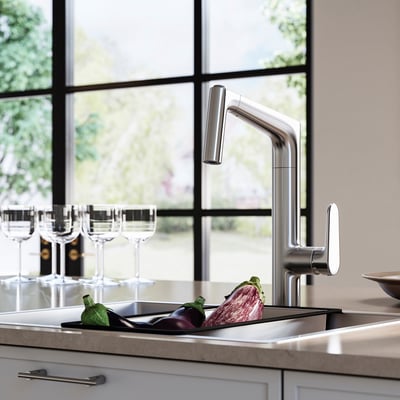 MAJSJÖN Kitchen mixer tap pull out w spray, stainless steel colour
