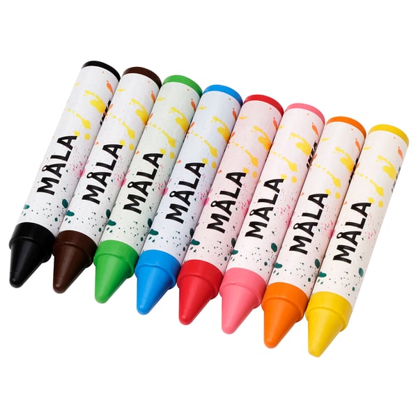 Eight colourful MÅLA crayons, each in different colours and laid out in a row, with white wrapping and splattered paint design.