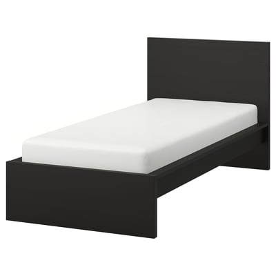 Displays a black MALM single bed with a high headboard and a simple design.