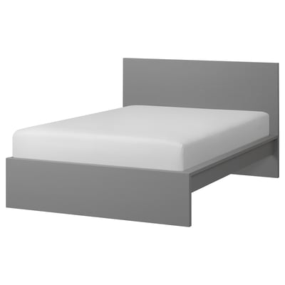 MALM bed in grey, minimalist design, rectangular shape, high headboard.