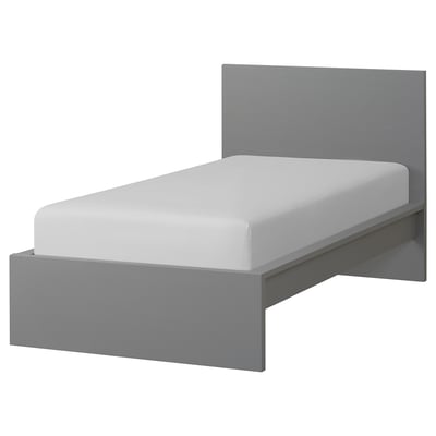 A grey MALM bed frame with a high headboard, simple design, and a white mattress.