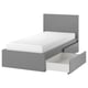 A modern, grey MALM bed with built-in storage drawers, a high headboard, and a clean design.