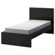 A black MALM bed with a high headboard and a grey mattress. Modern and minimalist design, ideal for small spaces.