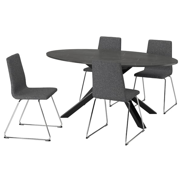 A modern, oval black dining table with three matching upholstered gray chairs, featuring a sleek sled base design.