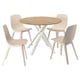 A MARIEDAMM dining set with a light brown round table and four beige chairs, featuring a modern minimalist design with wooden and plastic materials.