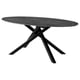 Is of a modern MARIEDAMM table, oval-shaped with a sleek black marble top. It crisscrossed metal legs, providing a sturdy and contemporary design.