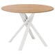 Modern round dining table with light wood top and white crossed metal legs. Elegant and sturdy design.
