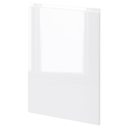 White high gloss kitchen cabinet door, fiberboard with plastic foil, rectangle shape, sleek modern design.
