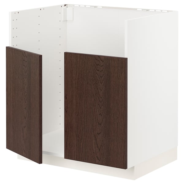 METOD kitchen unit, dark brown sinarp wood, white frame, solid oak edges.