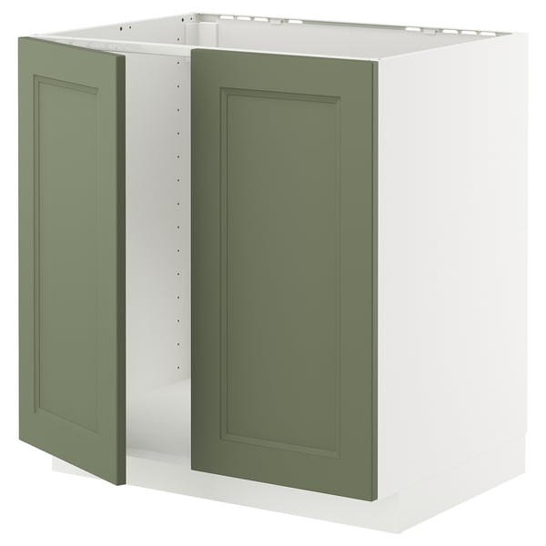 A white METOD cabinet with green doors. Its sleek, rectangular, and modern, with grey-green doors featuring simple designs.