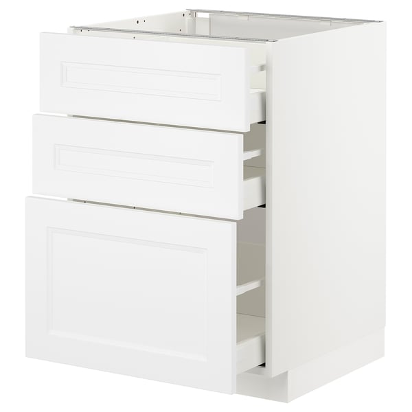 A white METOD cabinet with three drawers, part of the ikea kitchen system, featuring a sleek, modern design.