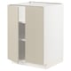 Depicts a METOD kitchen cabinet in beige with a white base. The cabinet two open doors, revealing adjustable shelves inside.