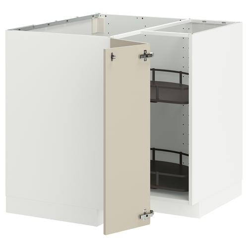 An off-white METOD kitchen cabinet with a door in beige and a wire shelf inside.